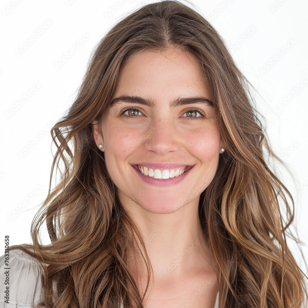 headshot photograph of a smiling woman with long, flowy hair. The background of the photo is white, and she is isolated in the shot. headshot photograph of a smiling woman with long, flowy hair. The background of the photo is white, and she is isolated in the shot.