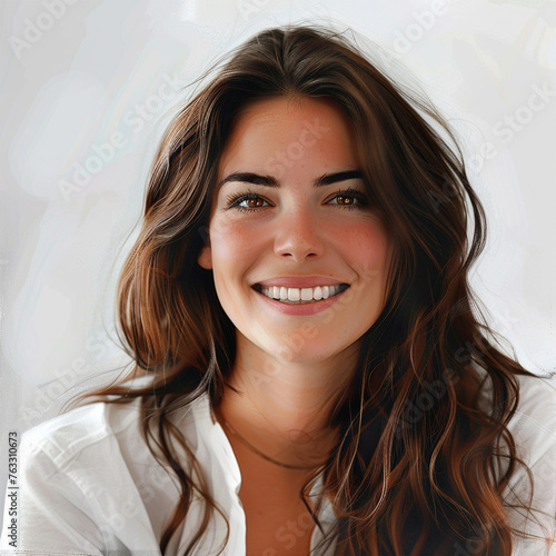 Illustration of a smiling woman with long, flowy hair. The background of the photo is white, and she is isolated in the shot.
