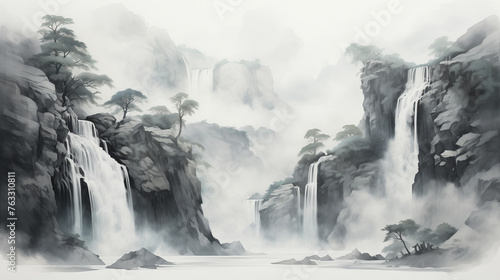 Powerful water rapids surge forward among the rugged rocky gorge, creating a tumultuous scene with mist billowing amidst sheer cliff walls in the watercolor painting illustration.