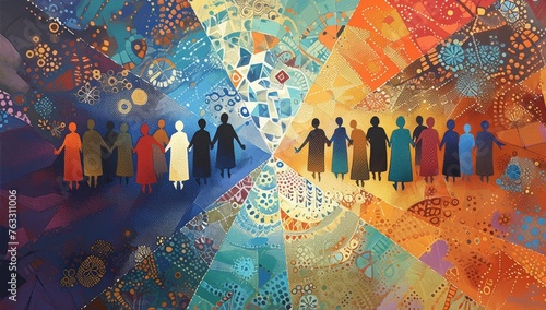 A painting depicting an aboriginal dot art pattern with multiple human figures holding hands photo