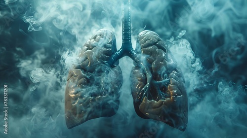 Close-up of a pair of smoke-damaged lungs. Concept Medical Illustration, Lung Health, Health Education, Smoking Awareness, Respiratory System