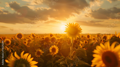 A field of sunflowers basking in the summer sun, with their bright yellow petals turning towards the warmth of the sky photo