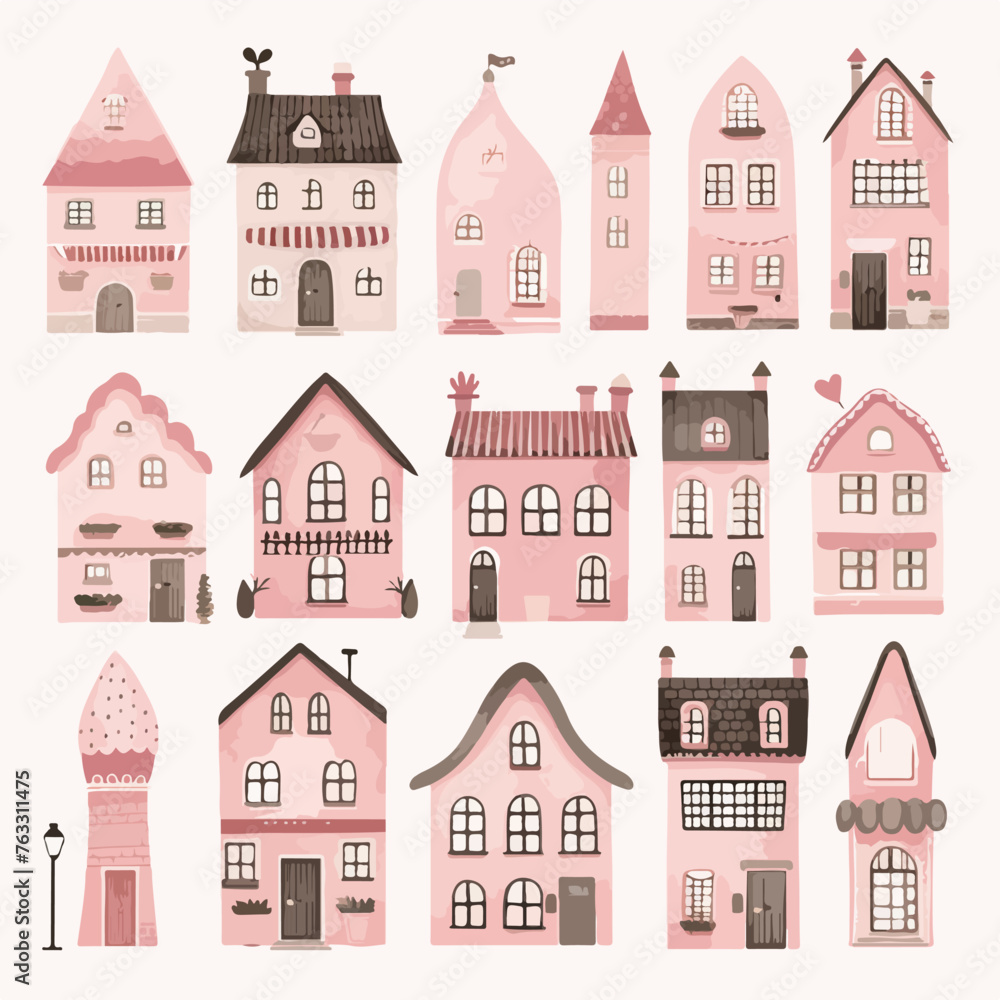 Pink Houses Clipart isolated on white background