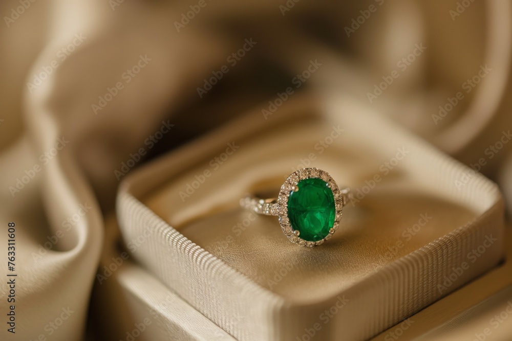 Close-up of a stunning emerald ring with diamonds set in a sophisticated satin-lined box Close-up of a stunning emerald ring with diamonds set in a sophisticated satin-lined box