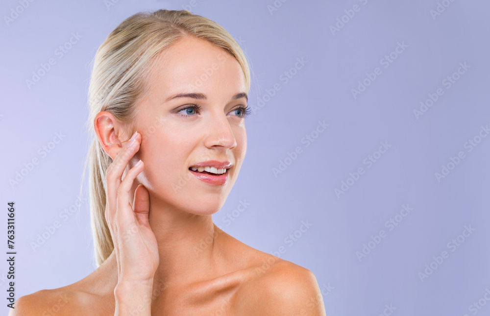 Woman, skincare and wellness in studio with space, results or hand on face with natural glow by purple background. Girl, person and model with cosmetics, mock up and facial transformation for beauty Woman, skincare and wellness in studio with space, results or hand on face with natural glow by purple background. Girl, person and model with cosmetics, mock up and facial transformation for beauty