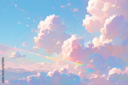 A photo of fluffy pink and blue cotton candy clouds with rainbows in the sky. 