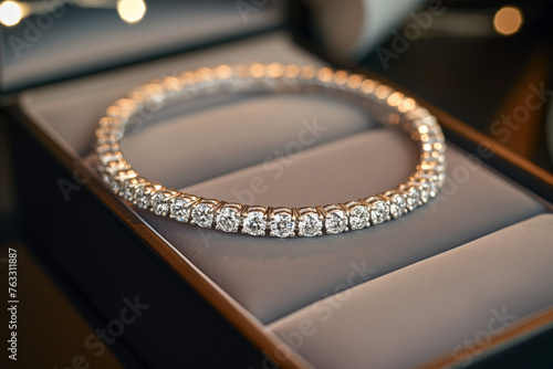 Close-up of a sparkling diamond bracelet displayed in an exquisite box, symbolizing opulence photo