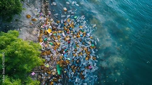 Aerial shot view waterfront scrap-heap pile plastic bottles rubbish outdoor. Pollution debris on lakeshore