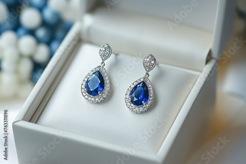 Luxurious blue sapphire earrings encrusted with diamonds displayed in a white box photo