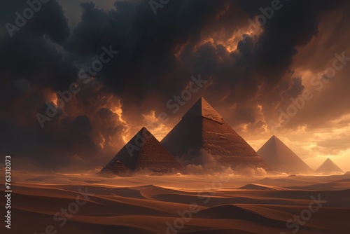 A realistic photo of the pyramids in Egypt  surrounded by desert dunes under an ominous sky. 