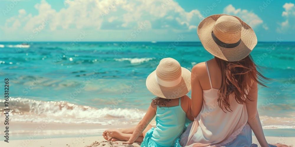Fototapeta premium Happy mother and daughter in vacation on the sea