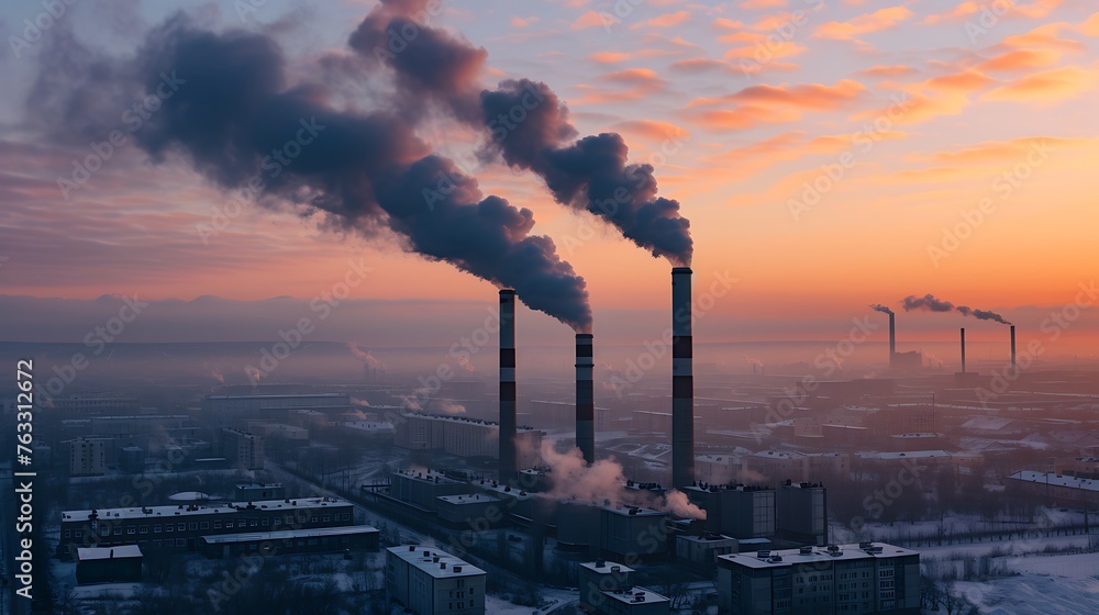 Air pollution with black smoke from chimneys and industrial waste