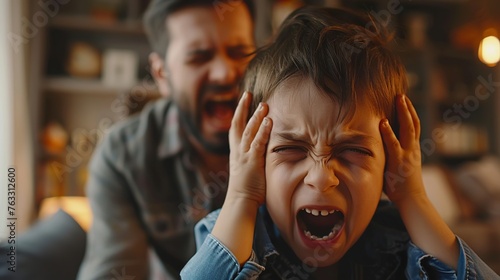 A dad is yelling at the kid. The little boy covers his ears and cry, focus on dad and child, Hd, realism, artistic motion blur, photo realistic, 4K,