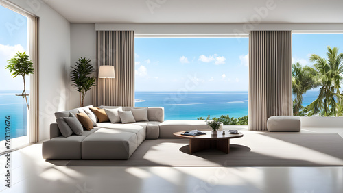 Wide modern bedroom, huge french window with sea view, modern decoration design, high-end apartment © StellarK