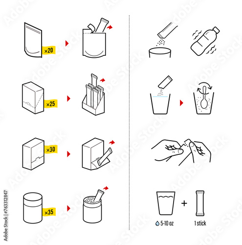 Icons of stick package bag set with samples, preparation instructions. Vector elements for infographics. Set of sign for detailed guideline. Ready for your design. EPS10.