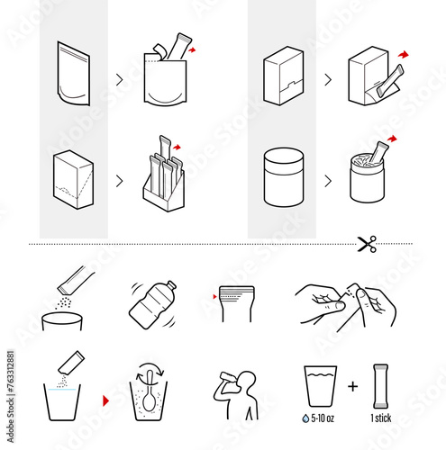 Icons of stick package bag set with samples, preparation instructions. Vector elements for infographics. Set of sign for detailed guideline. Ready for your design. EPS10.