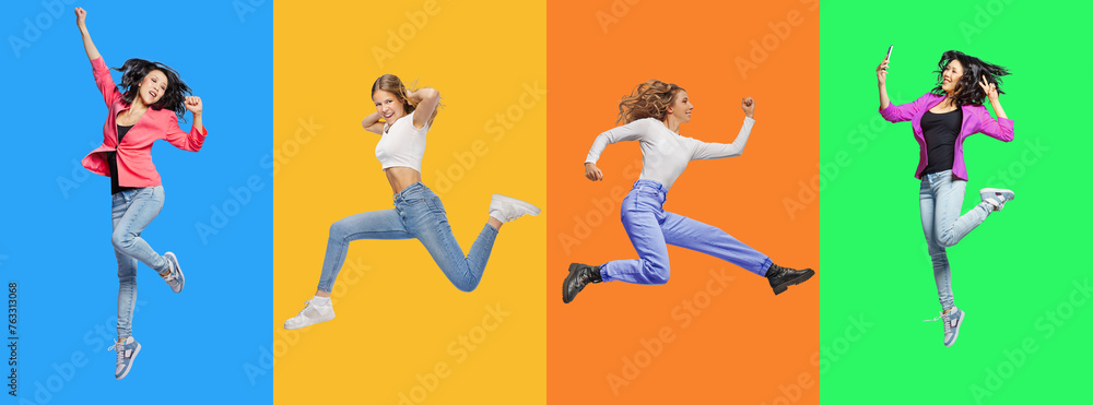 Full body side view young womans jump high.  Collage of jumping multinational people on color background, panorama.