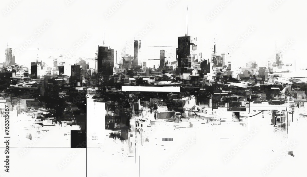 A long horizontal sheet of abstract painting, with the outline of skyscrapers in black and gray, representing an urban skyline. 