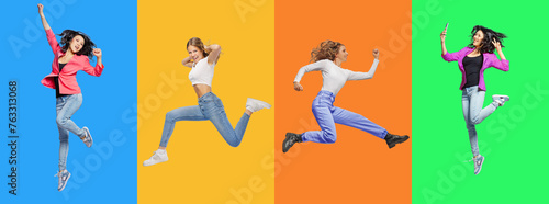 Full body side view young womans jump high. Collage of jumping multinational people on color background, panorama.