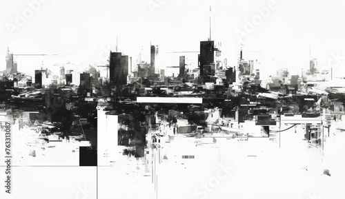 A long horizontal sheet of abstract painting, with the outline of skyscrapers in black and gray, representing an urban skyline. 