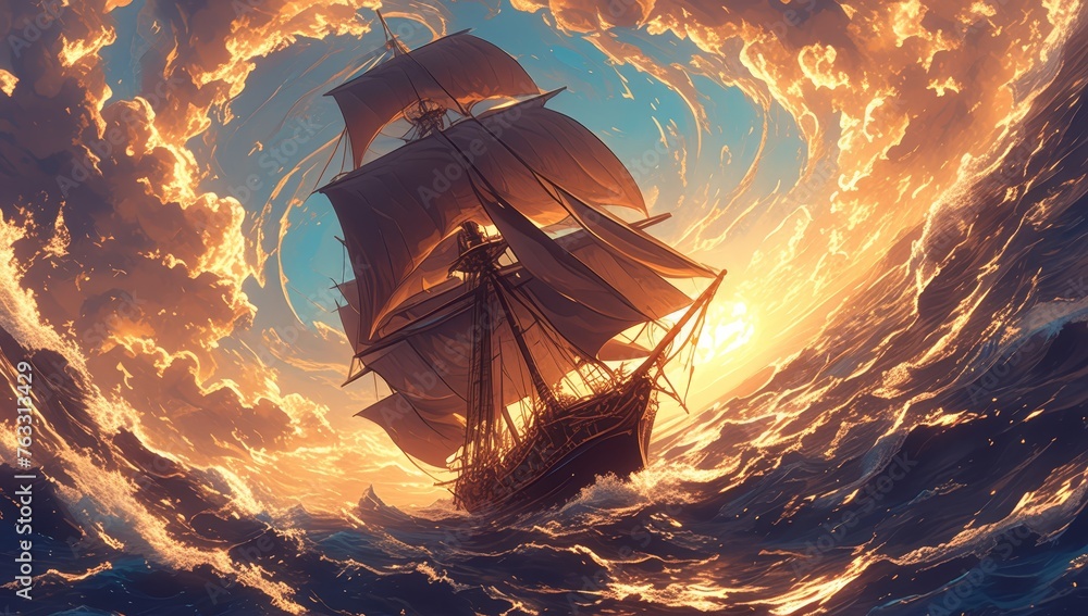 A majestic sailing ship with billowing sails gracefully navigating the stormy seas of an uncharted ocean under the golden sunset, embodying adventure and exploration. - obrazy, fototapety, plakaty 