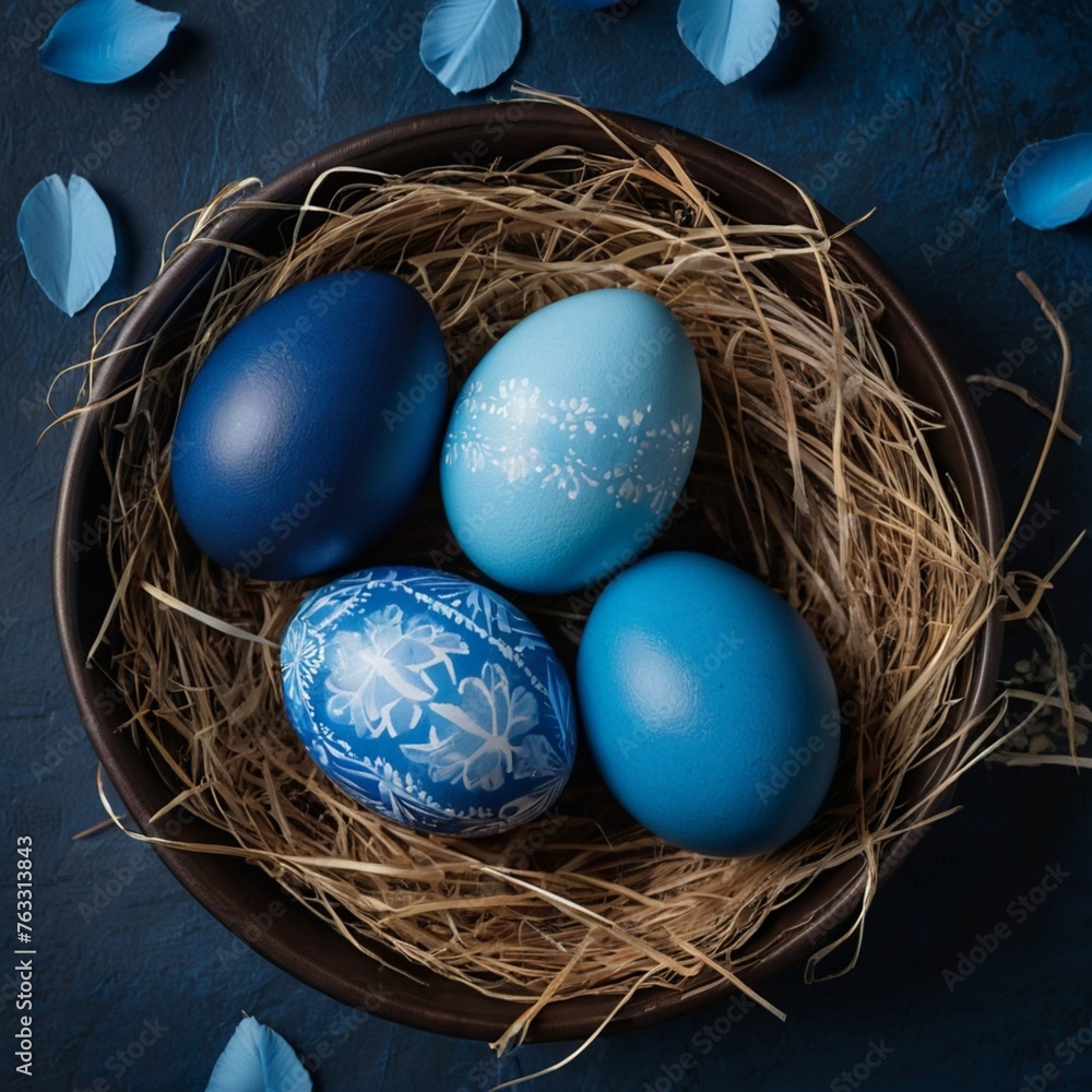 Fototapeta premium Nest with four beautifully decorated blue eggs