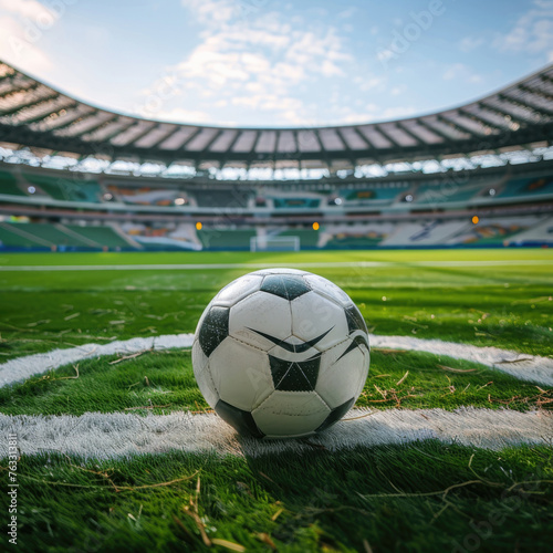 Soccer ball on the football field of the stadium by AI generated image