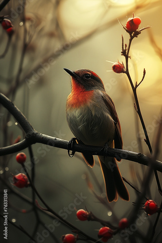 Painting bird sits on a branch surrounded by red berries