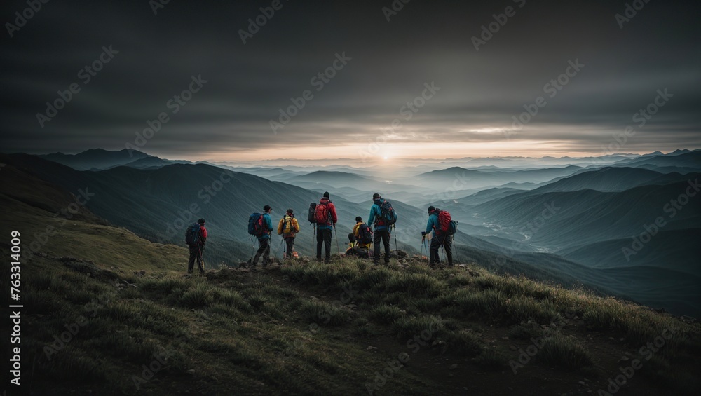 Cooperation concept with multiple people helping each other on a mountain in dark evening