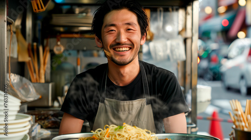 Japanese man sells ramen at a street food festival