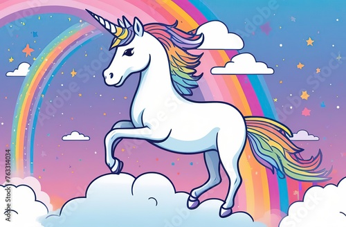 Illustration of a majestic unicorn standing on a fluffy cloud with a vibrant rainbow backdrop -