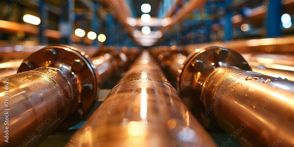 Closeup of copper pipelines in a technologically advanced water supply system. Concept Technology, Water Supply, Copper Pipelines, Closeup Photography, Industrial Systems - obrazy, fototapety, plakaty 