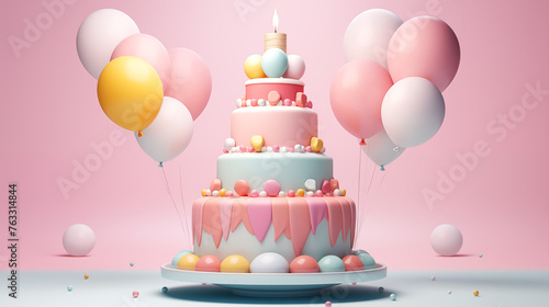 Birthday cake with pastel colored tiers decorated with party balloons
