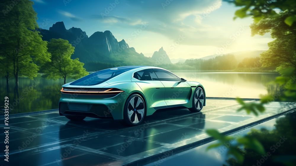 Naklejka premium EV Car or electric power car and solar cells for electricity generation. Electric vehicle, Clean energy filling technology, Charging technology. Saving, climate change. Renewable energy concept 