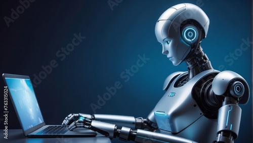 female robot using laptop for online study, educational webinar © Dhiandra