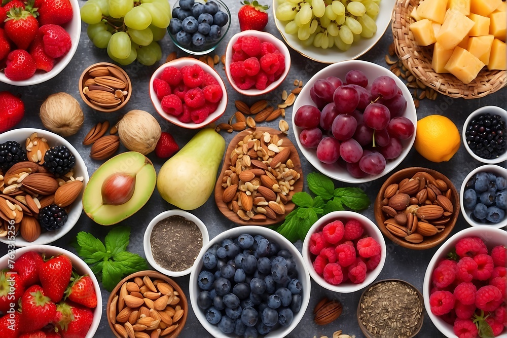 Assorted fruits and nuts on table Generative AI Assorted fruits and nuts on table Generative AI