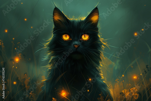 A black cat in a painting with glowing eyes