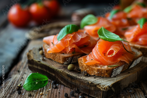 Close-up of smoked salmon bruschetta on a rustic wooden board, ideal for food-related content.
