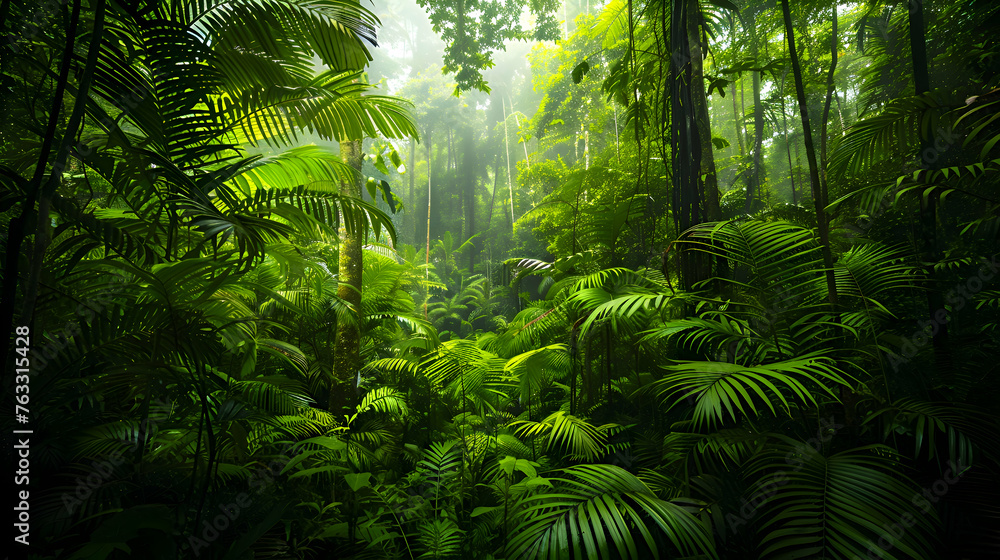 Fototapeta premium A lush rainforest canopy with vibrant green foliage, teeming with diverse wildlife