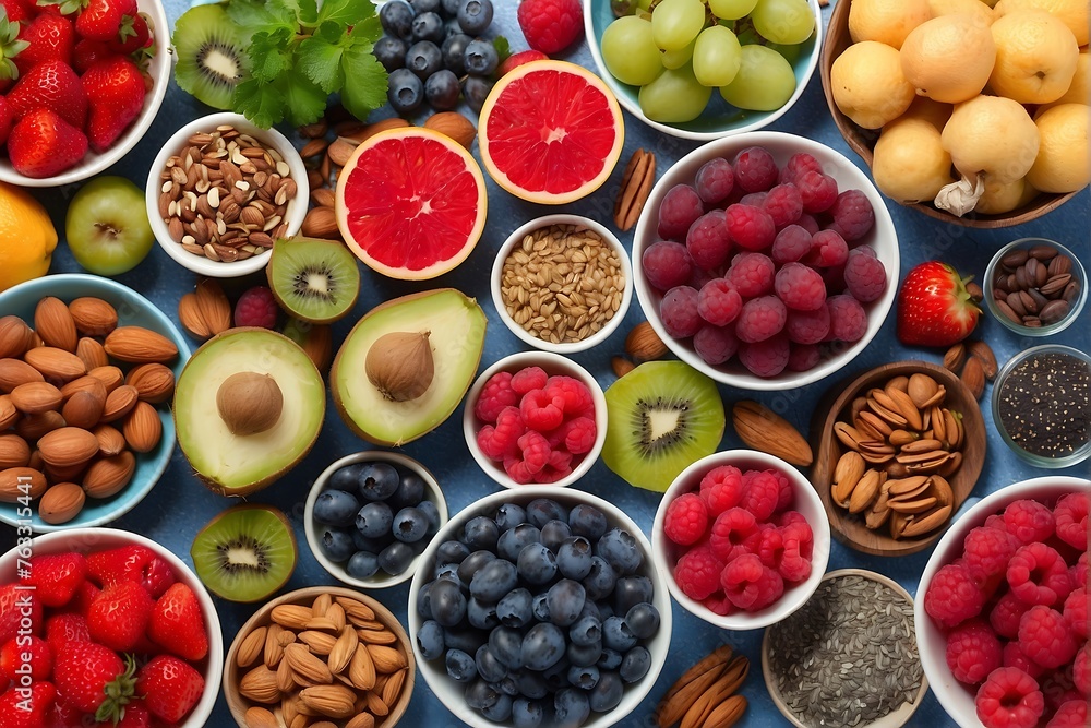 Assorted fruits and nuts on table Generative AI Assorted fruits and nuts on table Generative AI