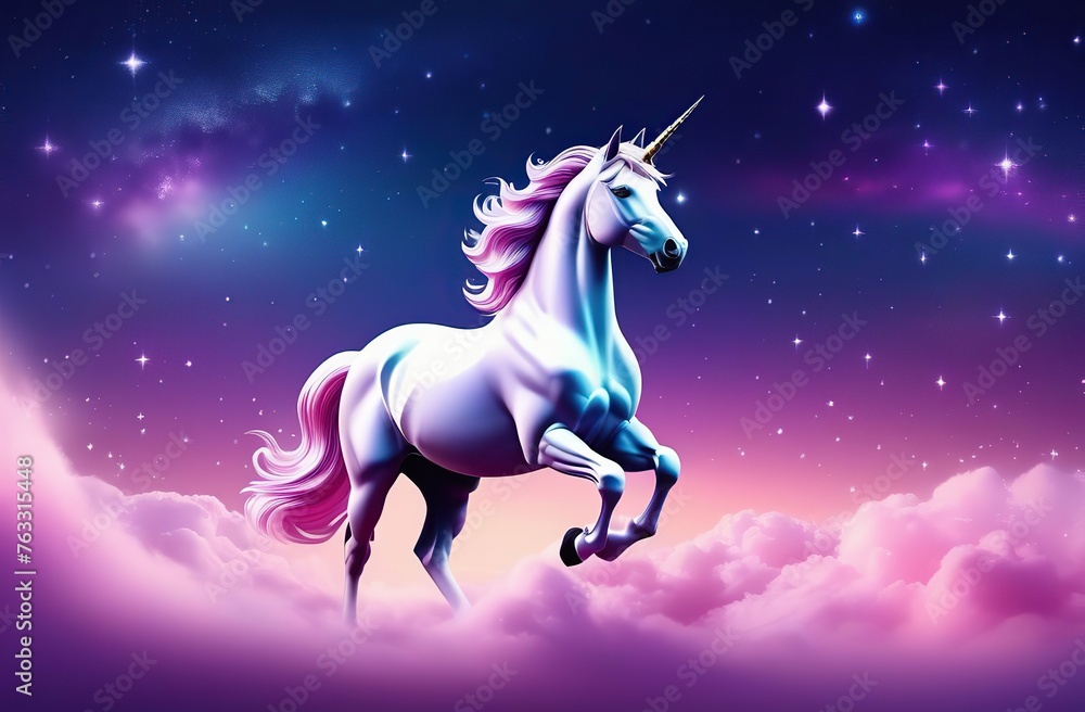 Pink unicorn sky with stars. Cute purple pastel background. Fantasy dreaming galaxy and magic wavy space with fairy light