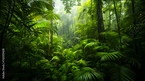 A lush rainforest canopy with vibrant green foliage  teeming with diverse wildlife