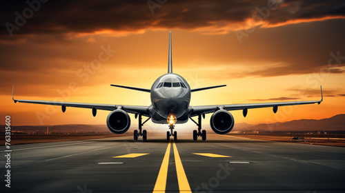 Airplane on airport runway. Airplane landing with beautiful sunset background. Landing airplane