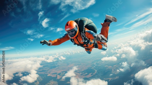 Man in orange suit skydiving