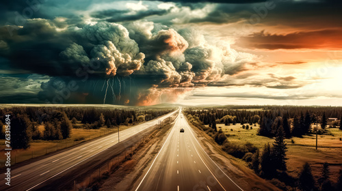 A white truck drives along a highway winding through