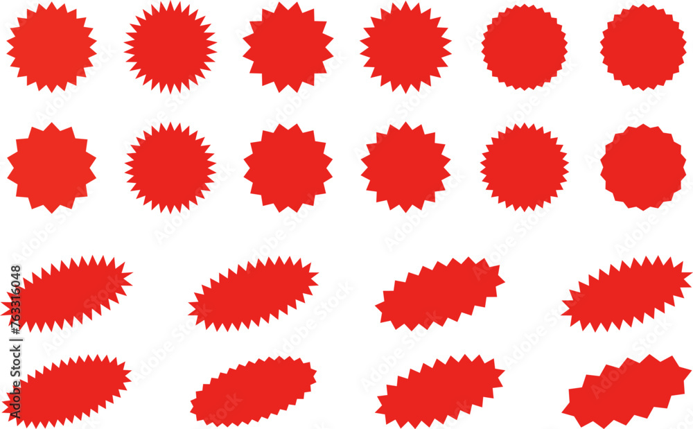 Fototapeta premium Starburst red sticker set - collection of special offer sale oval and round shaped sunburst labels and badges. Promo stickers with star edges. Vector illustration