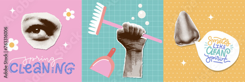 Trendy vintage halftone collage covers set for Spring Cleaning concept. Hand holding broom , nose and eye with funny quote. Spring cleaning square banners collection. Vector illustration