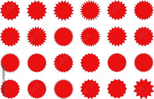 Starburst red sticker set - collection of special offer sale oval and round shaped sunburst labels and badges. Promo stickers with star edges. Vector illustration