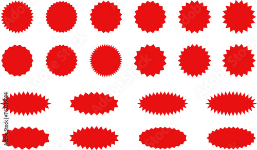 Starburst red sticker set - collection of special offer sale oval and round shaped sunburst labels and badges. Promo stickers with star edges. Vector illustration