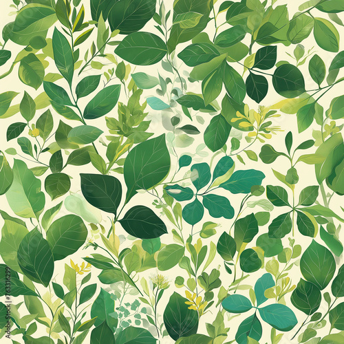 A seamless botanical pattern featuring a variety of green leaves and subtle yellow flowers.